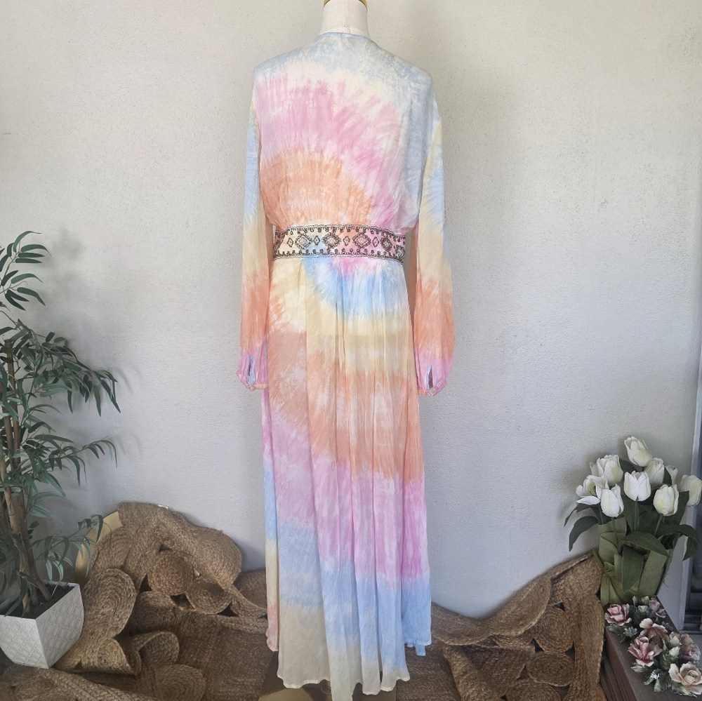 Free People Summer of Love Kimono Maxi Dress Tie Dye Boho Beaded Waist S - Picture 3 of 14